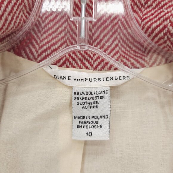 DIANE VON FURSTENBERG Princess Coat Red Herringbone Double Breasted Size 10 - Picture 7 of 9